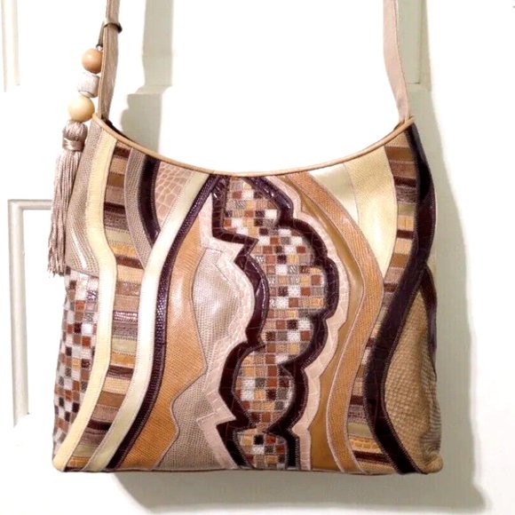 NEW Sharif BOHO WESTERN Beige Brown Patchwork 100% Croc Leather Shoulder Bag - Picture 3 of 14